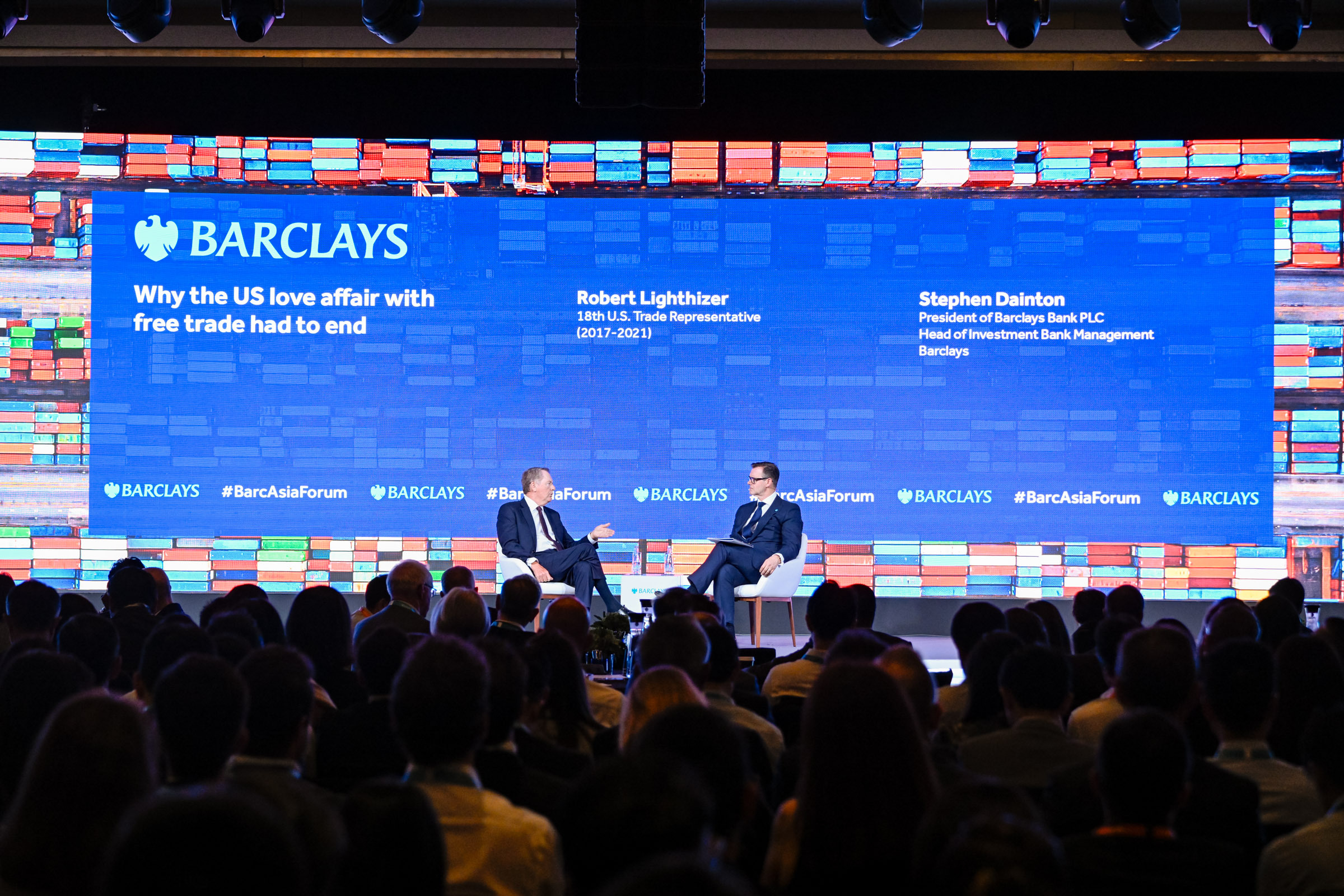 Stephen Dainton, President of Barclays Bank PLC and Head of Investment Bank Management, on stage with Robert Lighthizer, 18th US Trade Representative (2017-2021).  