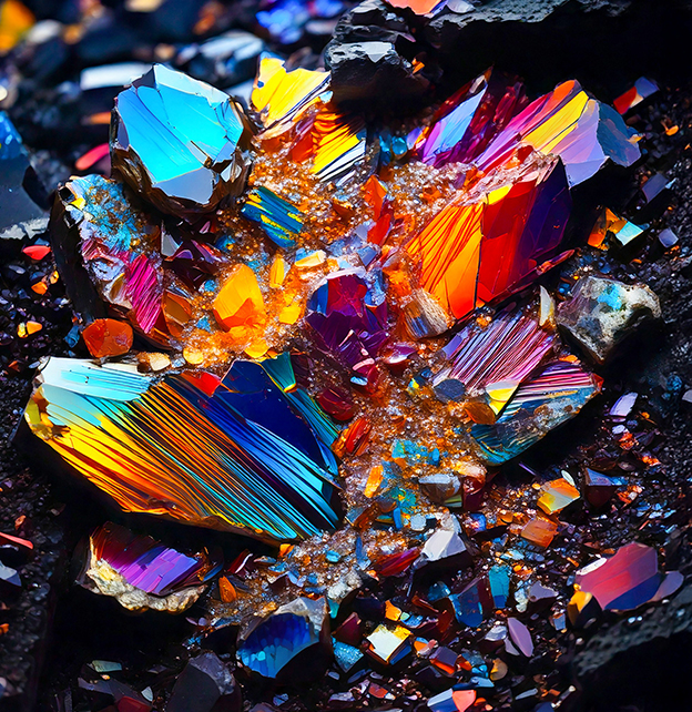 Close-up of rare, broken mineral fragments with sharp, angular edges and rough textures