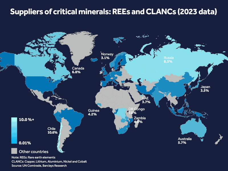 Map shows how 10 countries dominate the supply of finished AI products with heavy concentration in China, Taiwan and S Korea
